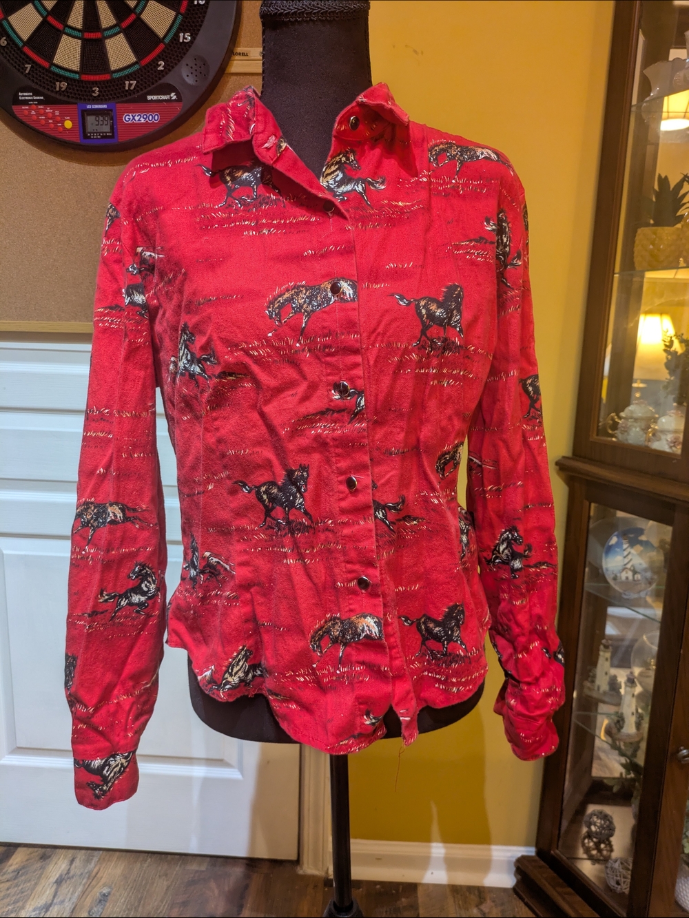 Red Western Horse Print Button-Up Shirt